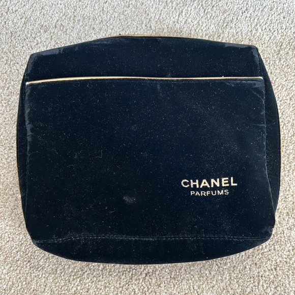 Chanel Parfums black velvet zip top cosmetics bag. - Picture 1 of 6